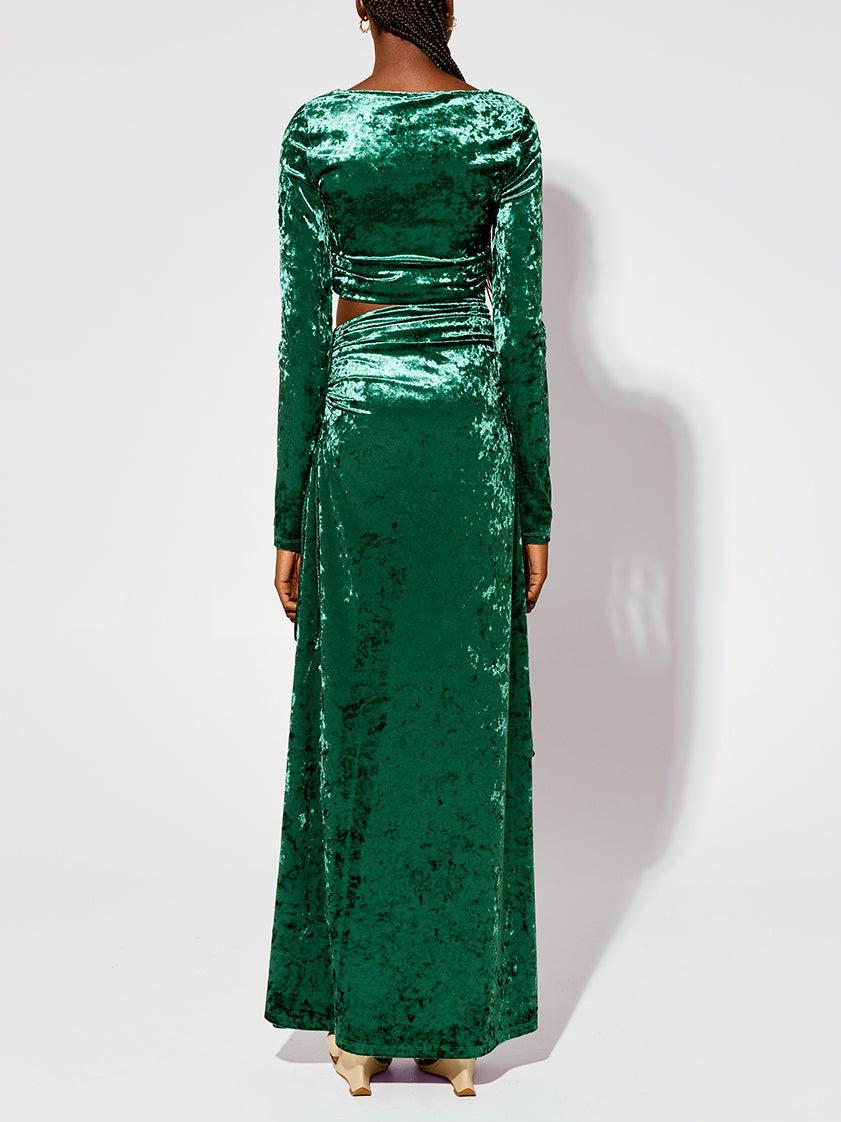 Aurohaya Modern Cutout Shirred Diamond Velvet Maxi Dress