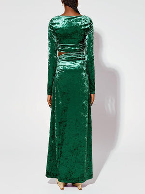 Aurohaya Modern Cutout Shirred Diamond Velvet Maxi Dress