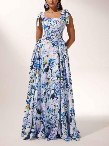 Aurohaya Bow Strap Hydrangea Print Maxi Dress Blue