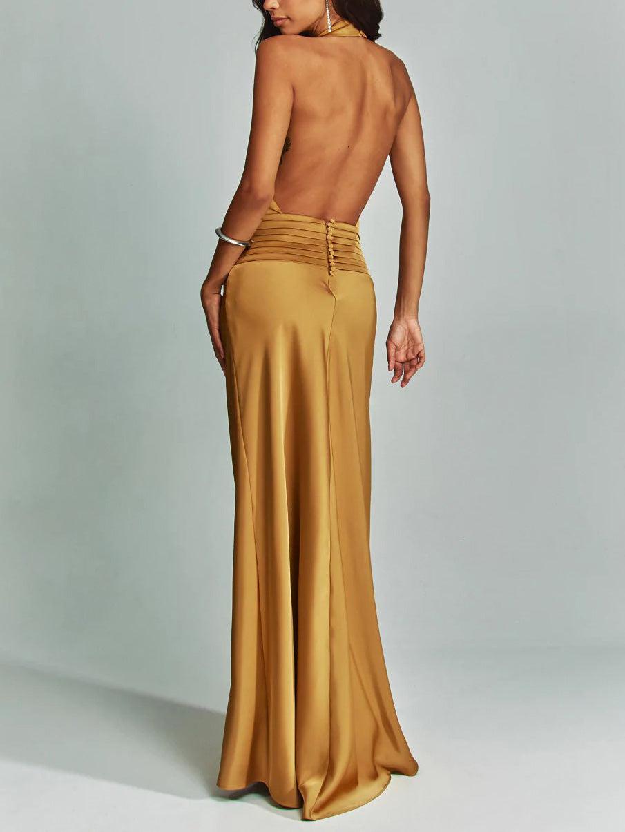 Aurohaya Elegant Chic Halter Neck Satin Party Maxi Dress
