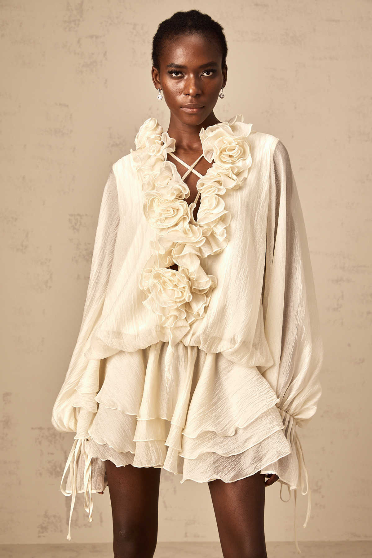 Léonie floral-appliqué tiered mini dress in Neutrals