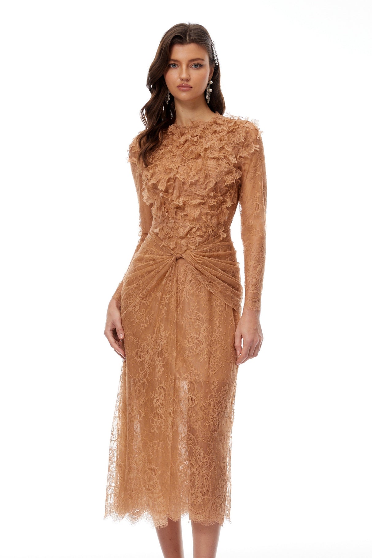 Aurohaya Hadley Caramel Twisted Floral Lace Midi Dress