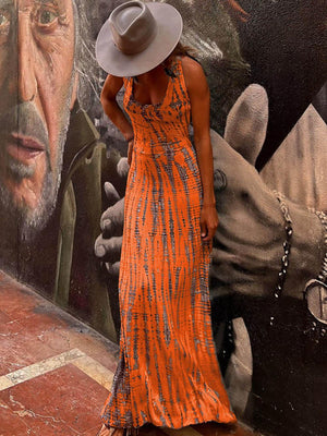 Aurohaya Tie-dye Print Back Lace-up Stretch Maxi Dress Orange