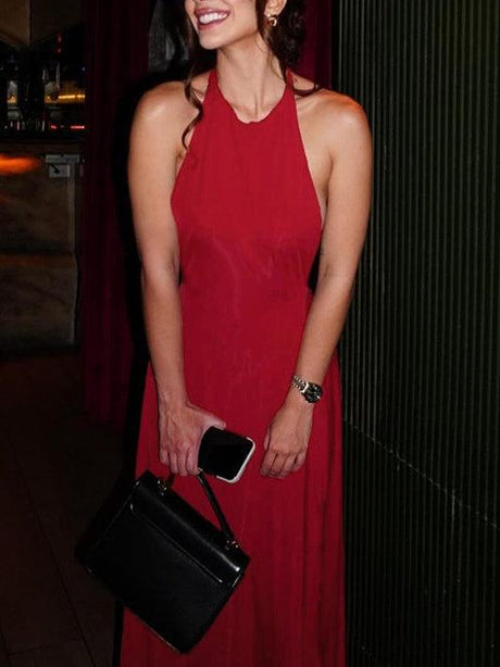 Aurohaya Halter Neck Strappy Sexy Backless Dress Red