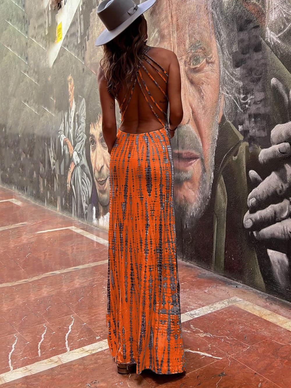 Aurohaya Tie-dye Print Back Lace-up Stretch Maxi Dress