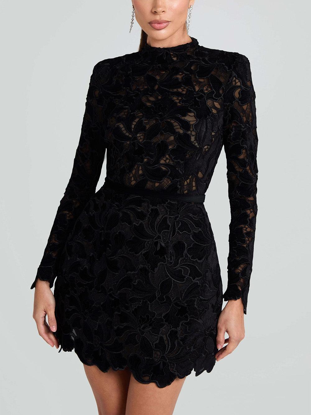 Aurohaya Elegant And Sophisticated Lace Mini Dress Black