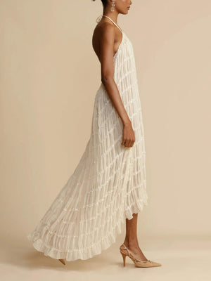 Aurohaya Charming Pleated Drawstring Waist Tiered Halterneck Midi Dress