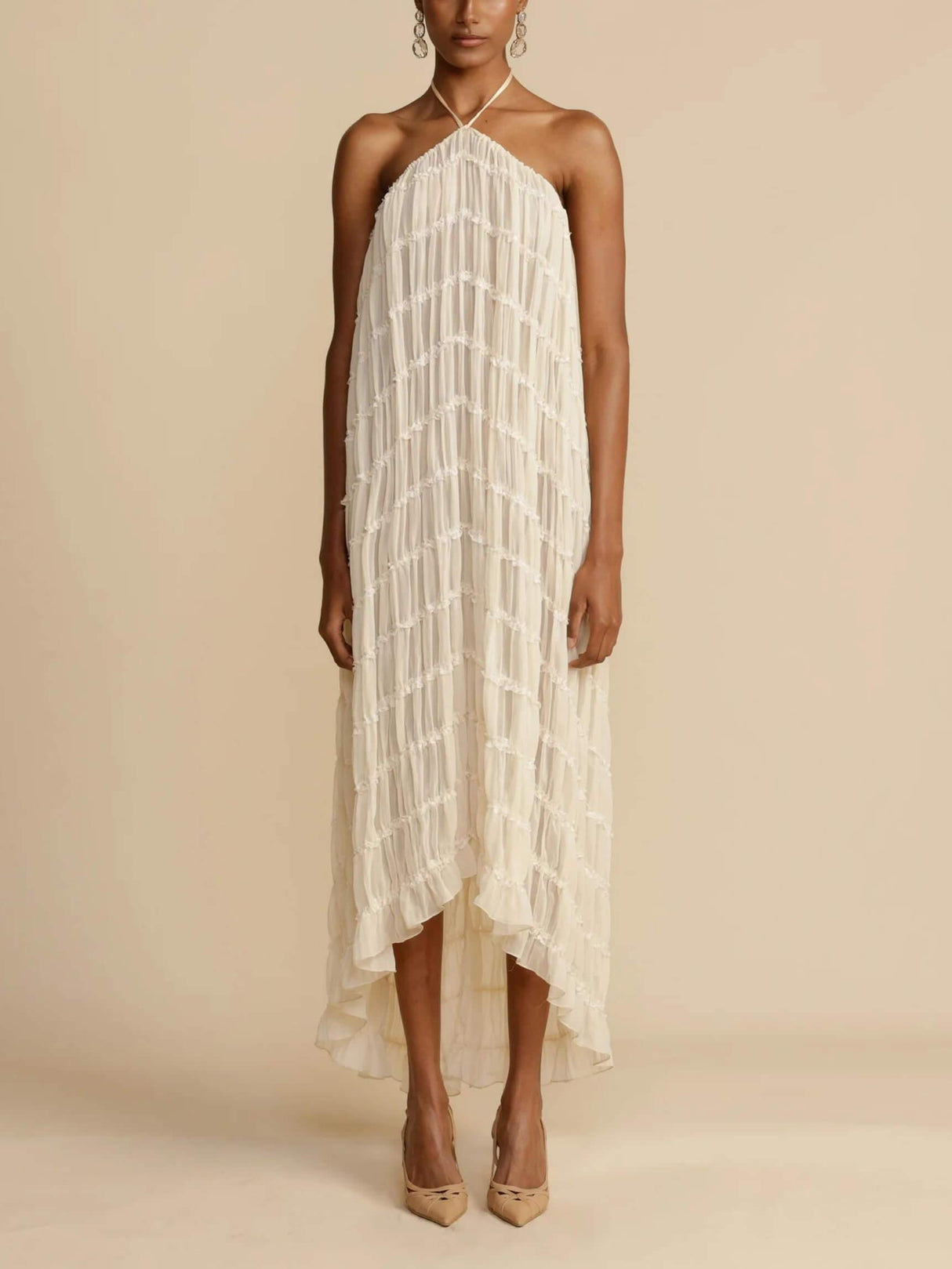 Aurohaya Charming Pleated Drawstring Waist Tiered Halterneck Midi Dress White