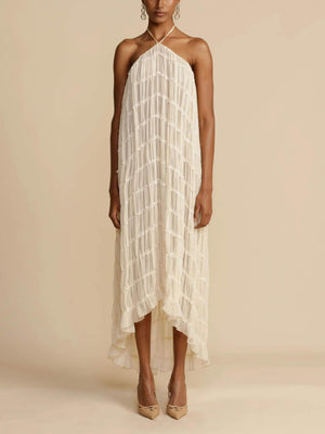 Aurohaya Charming Pleated Drawstring Waist Tiered Halterneck Midi Dress White