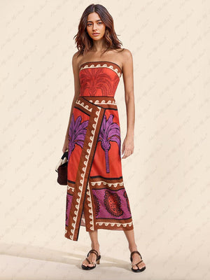 Aurohaya Unique Palm Tree Floral Off-Shoulder Midi Dress Multi-Color