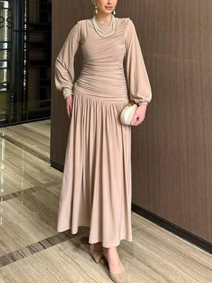 Aurohaya Pleated Long Sleeve Maxi Dress Apricot