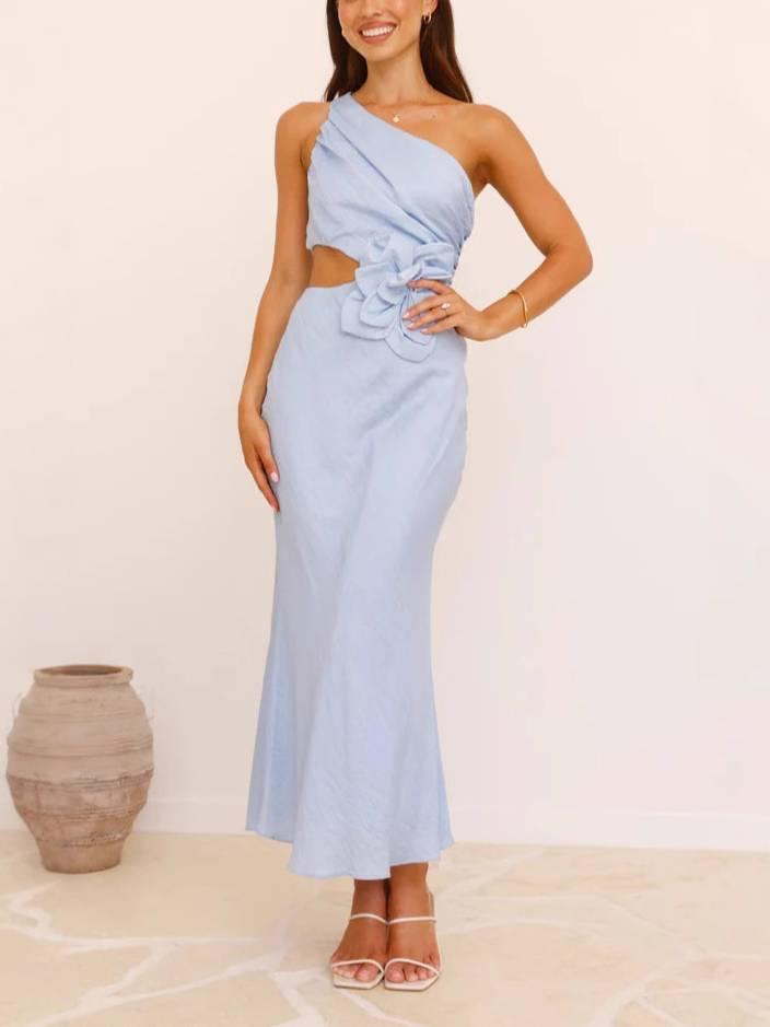 Aurohaya Oblique Collar Three-dimensional Flower Dress Blue