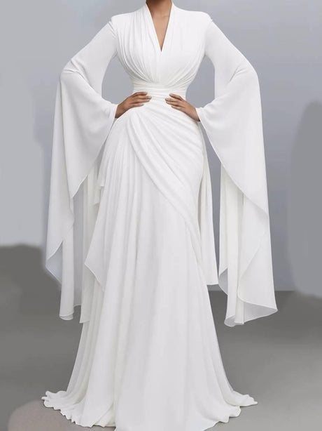 Aurohaya V-neck High-waisted A- Line Maxi Dress White