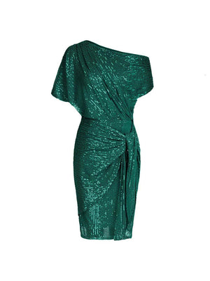 Aurohaya Elegant Sequined Asymmetrical Off-the-shoulder Mini Dress Green