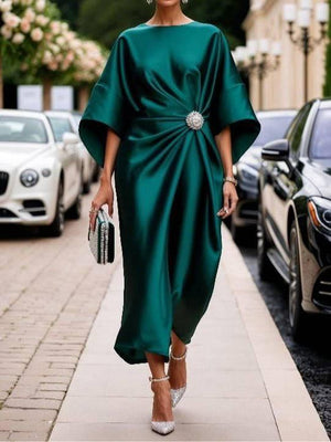 Aurohaya Elegant Pleated Design Maxi Dress Green
