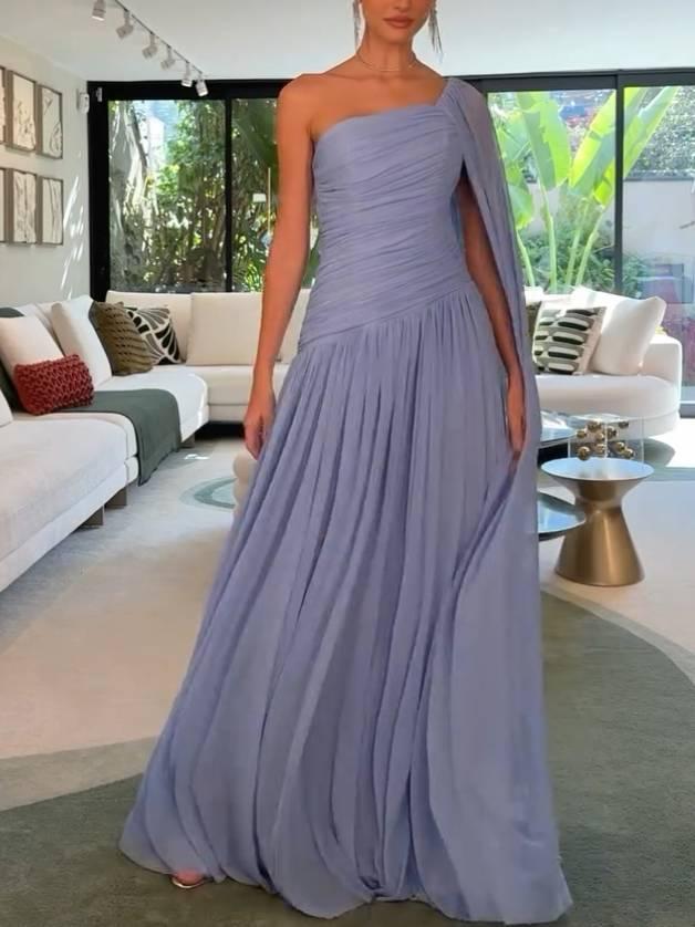 Aurohaya Unique Single-sleeve Shawl Pleated Maxi Dress Blue