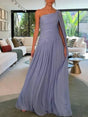 Aurohaya Unique Single-sleeve Shawl Pleated Maxi Dress Blue