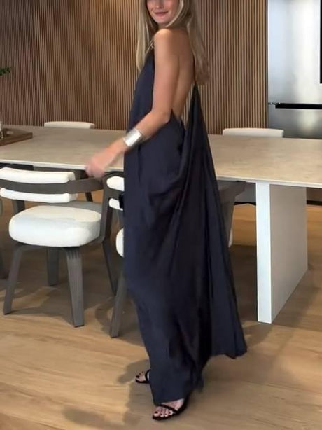 Aurohaya Minimalist Halter Neck Backless Maxi Dress