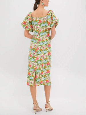 Aurohaya Bubble-Sleeve Floral Dress