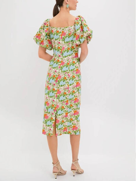 Aurohaya Bubble-Sleeve Floral Dress