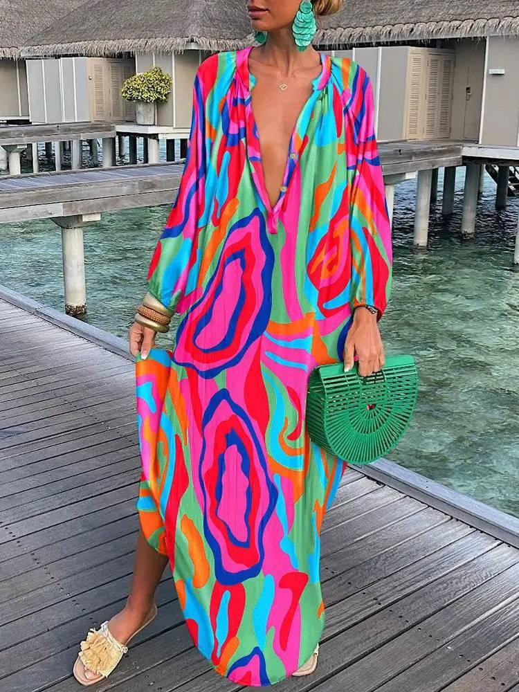 Aurohaya Printed V-neck Long-sleeved Loose Dress Rose Red