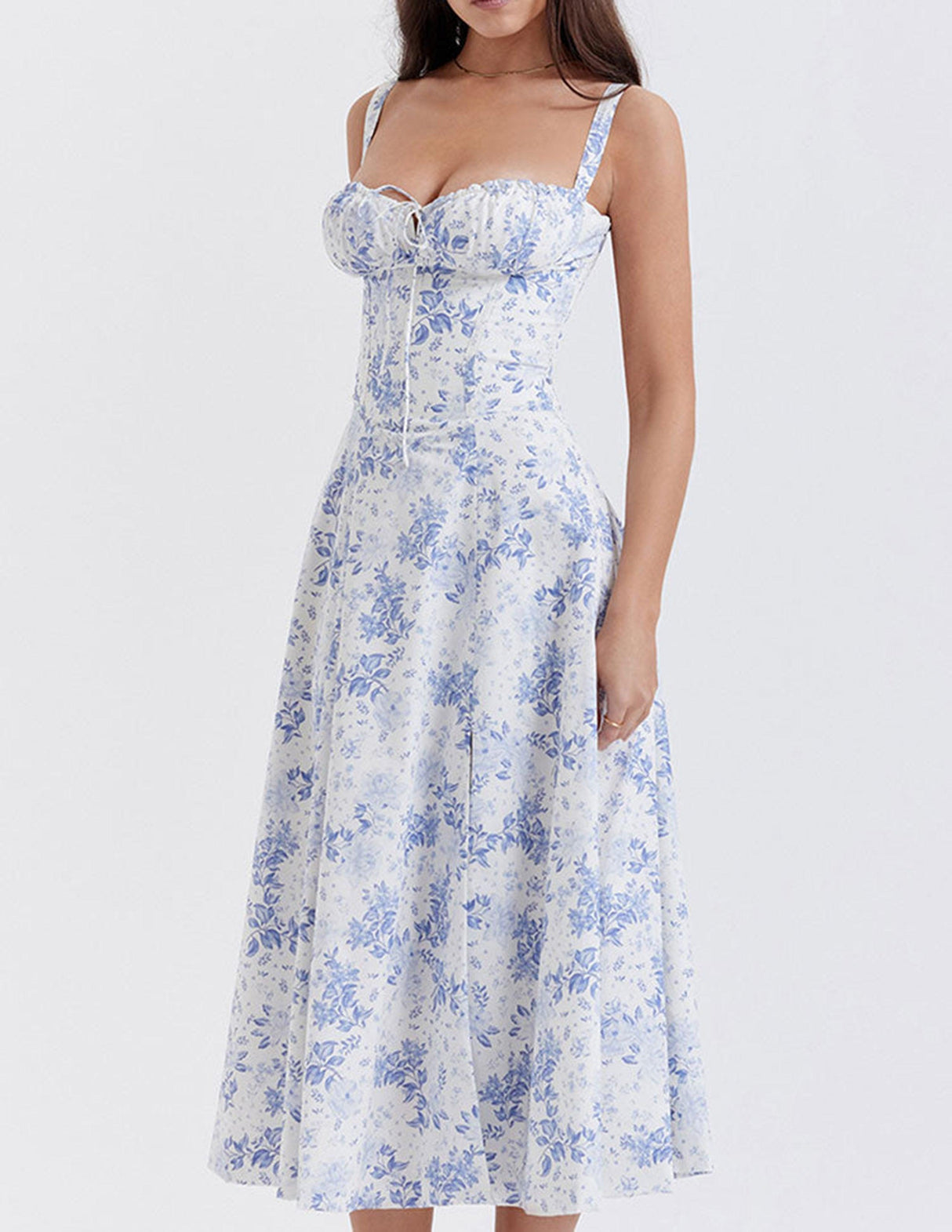 Aurohaya Rose Print Herringbone Slip Dress Blue Daisy