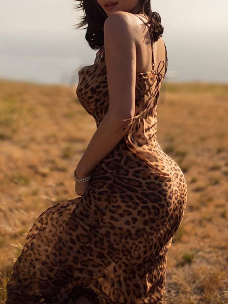 Aurohaya Suspender Backless Leopard Print Dress