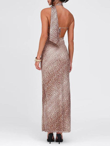 Aurohaya Sloping Shoulder Halterneck Long Ribbon Leopard Backless Dress
