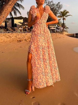 Aurohaya Deep V-neck Floral Hollow Maxi Dress