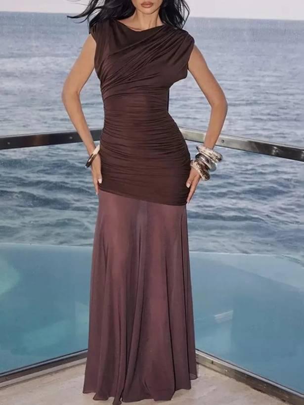 Aurohaya Pleated Design Spliced See-through Skirt Maxi Dress Brown