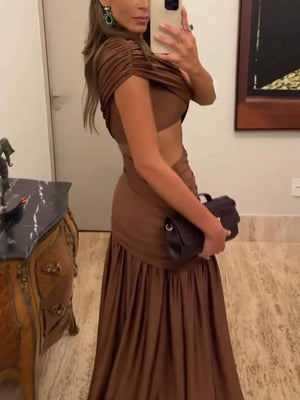 Aurohaya Unique Off-shoulder Waist Hollow Maxi Dress