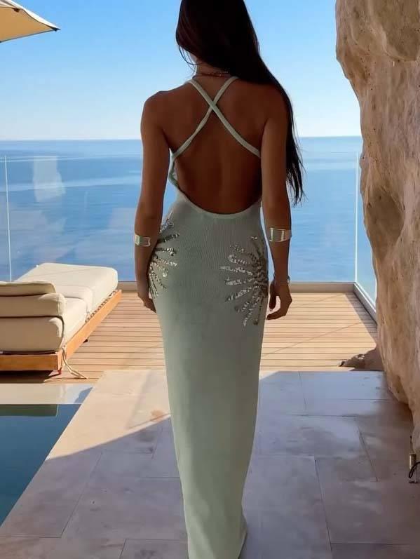Aurohaya Sequined V-neck Backless Knit Maxi Dress