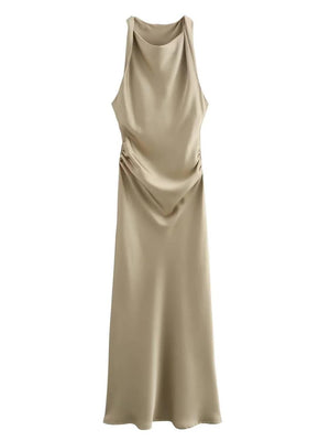 Aurohaya Sleeveless Satin Maxi Dress Khaki