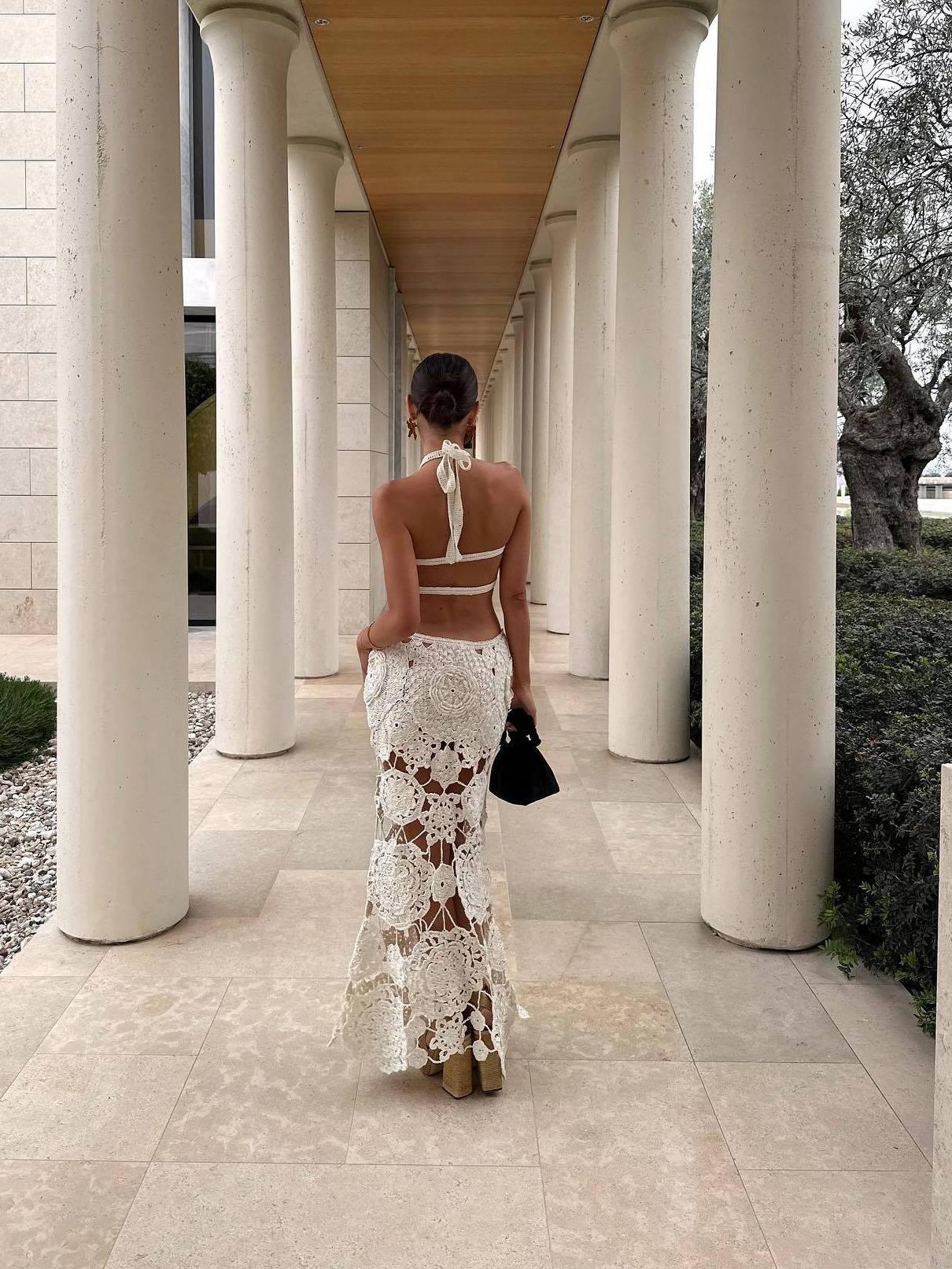 Aurohaya Halter Neck Backless Crochet Maxi Dress