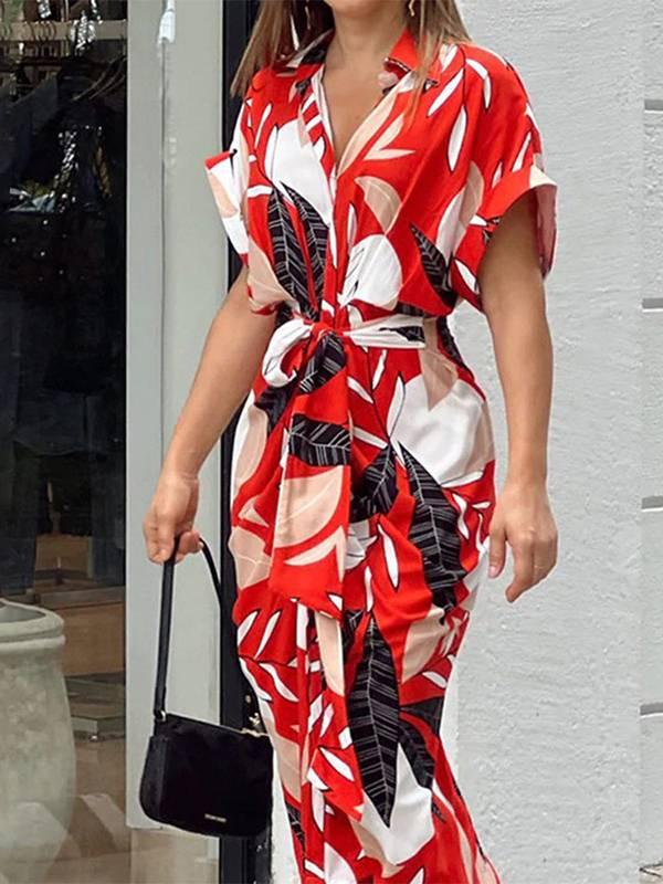 Aurohaya V-Neck Pleated Belt Short Sleeve Dress Red black