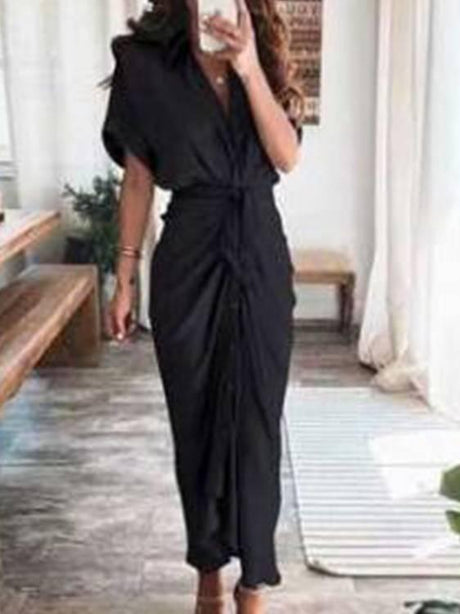 Aurohaya V-neck Pleated Strap Dress Black