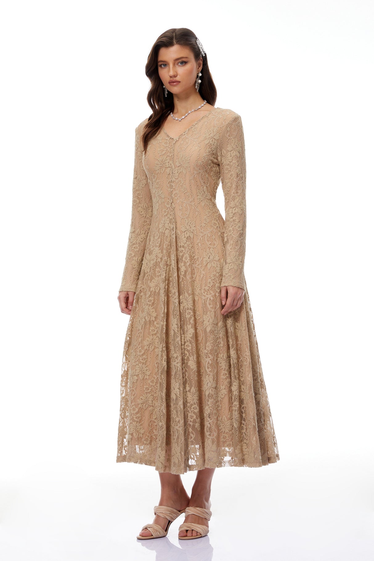 Aurohaya Fernanda Neutral Floral Lace Midi Dress