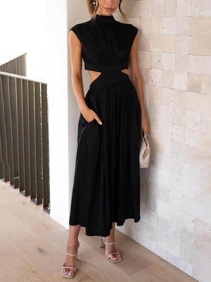 Aurohaya Cutout Waist Pocketed Vacation Midi Dress Black