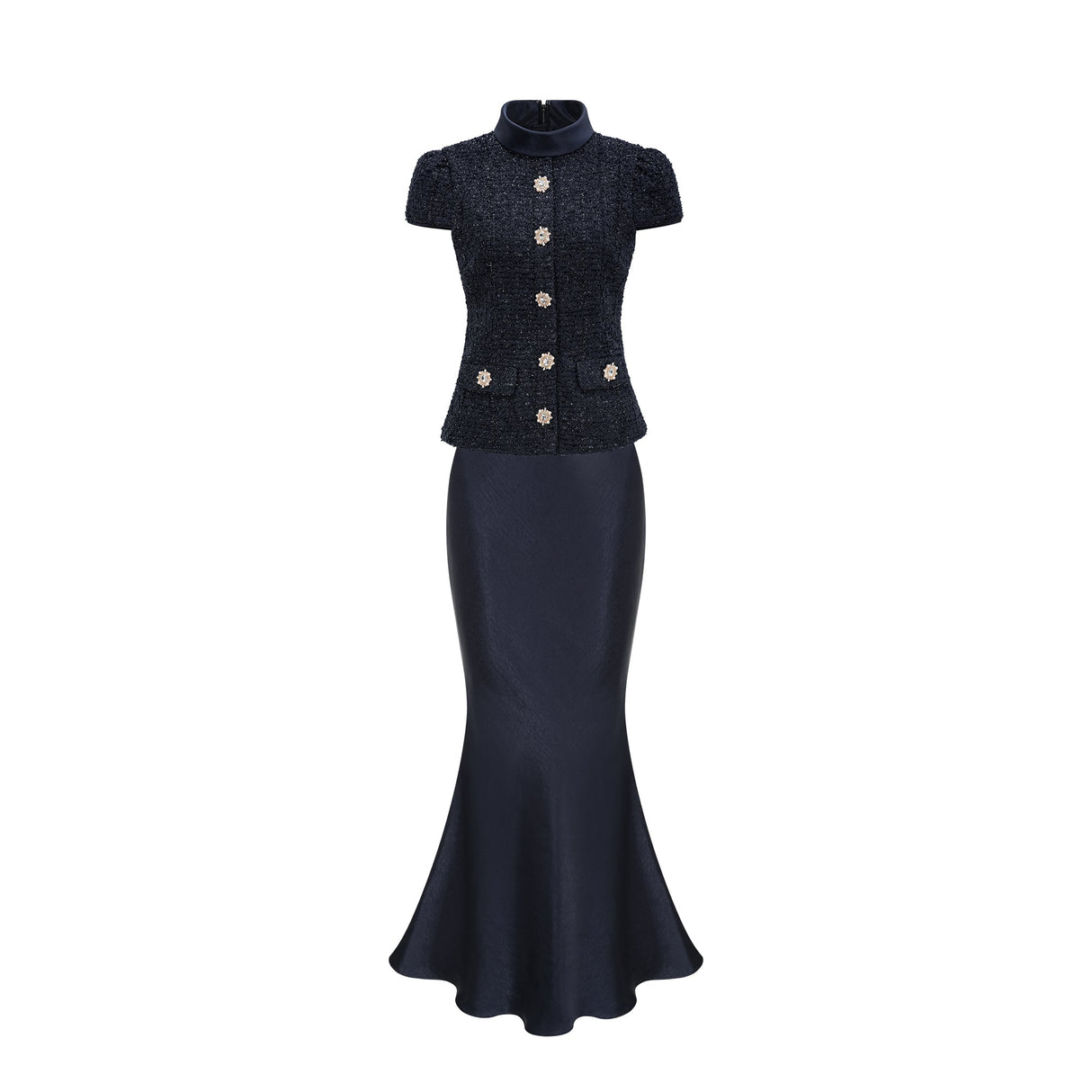 Aurohaya Josette blue peplum-waist panelled maxi dress