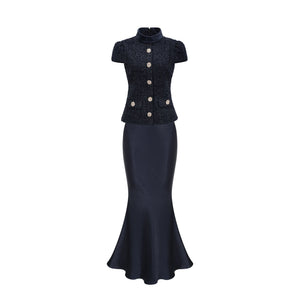 Aurohaya Josette blue peplum-waist panelled maxi dress