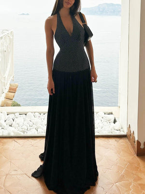 Aurohaya Personalized Polka Dot Print V-neck Maxi Dress