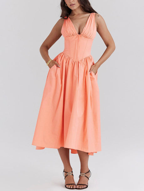 Aurohaya Retro Palace Style Deep V-Neck Midi Dress Orange