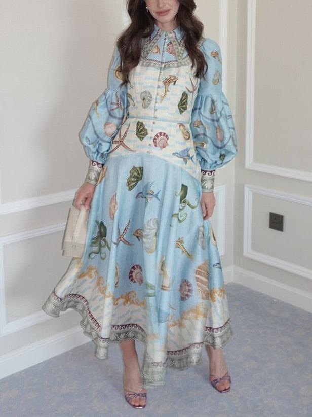 Aurohaya Unique Deep Sea Floral Print Single Breasted Midi Dress Blue