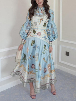 Aurohaya Unique Deep Sea Floral Print Single Breasted Midi Dress Blue