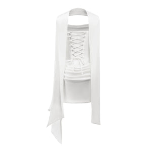 Aurohaya Zenina White Ruched Ribbon Detail Mini Dress