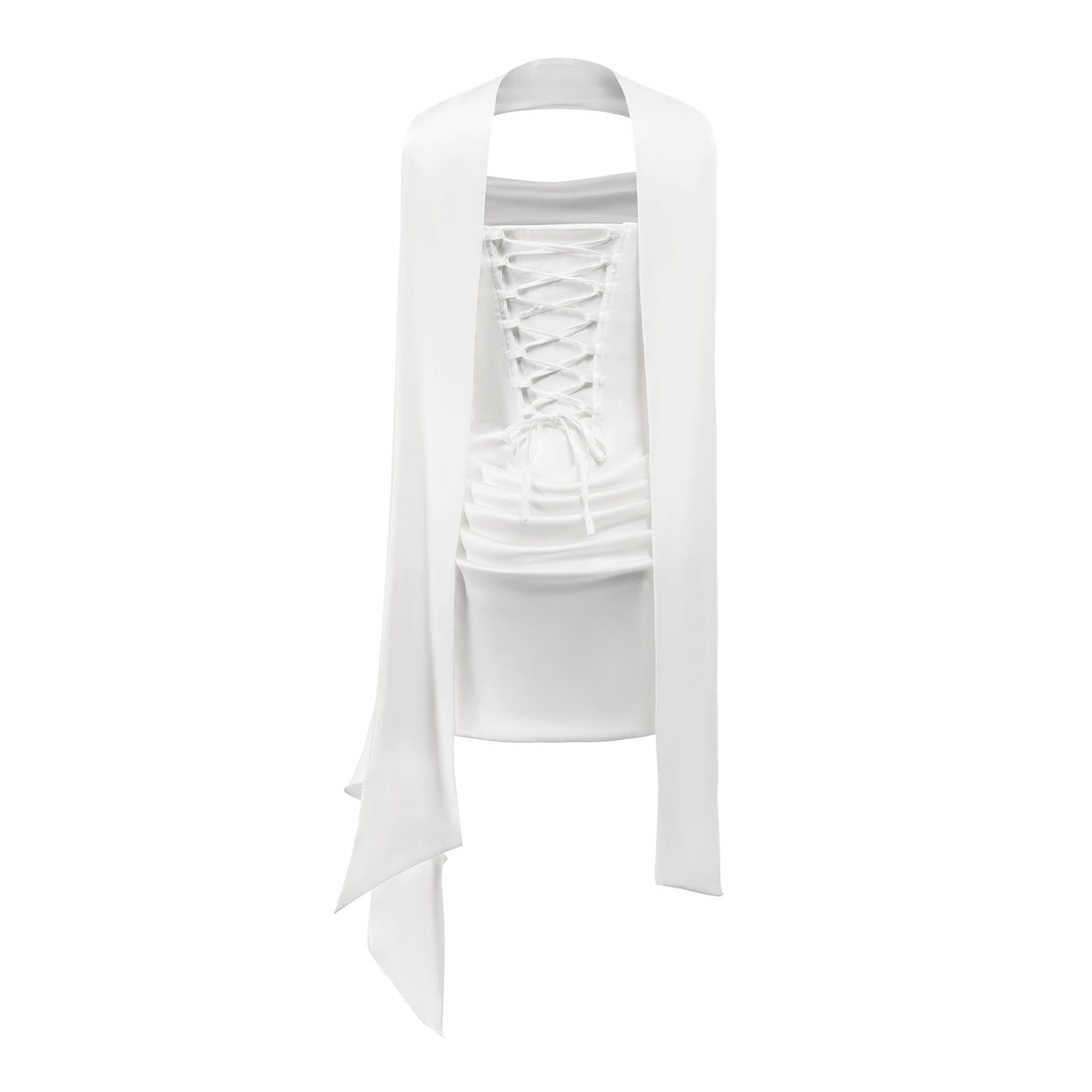Aurohaya Zenina White Ruched Ribbon Detail Mini Dress