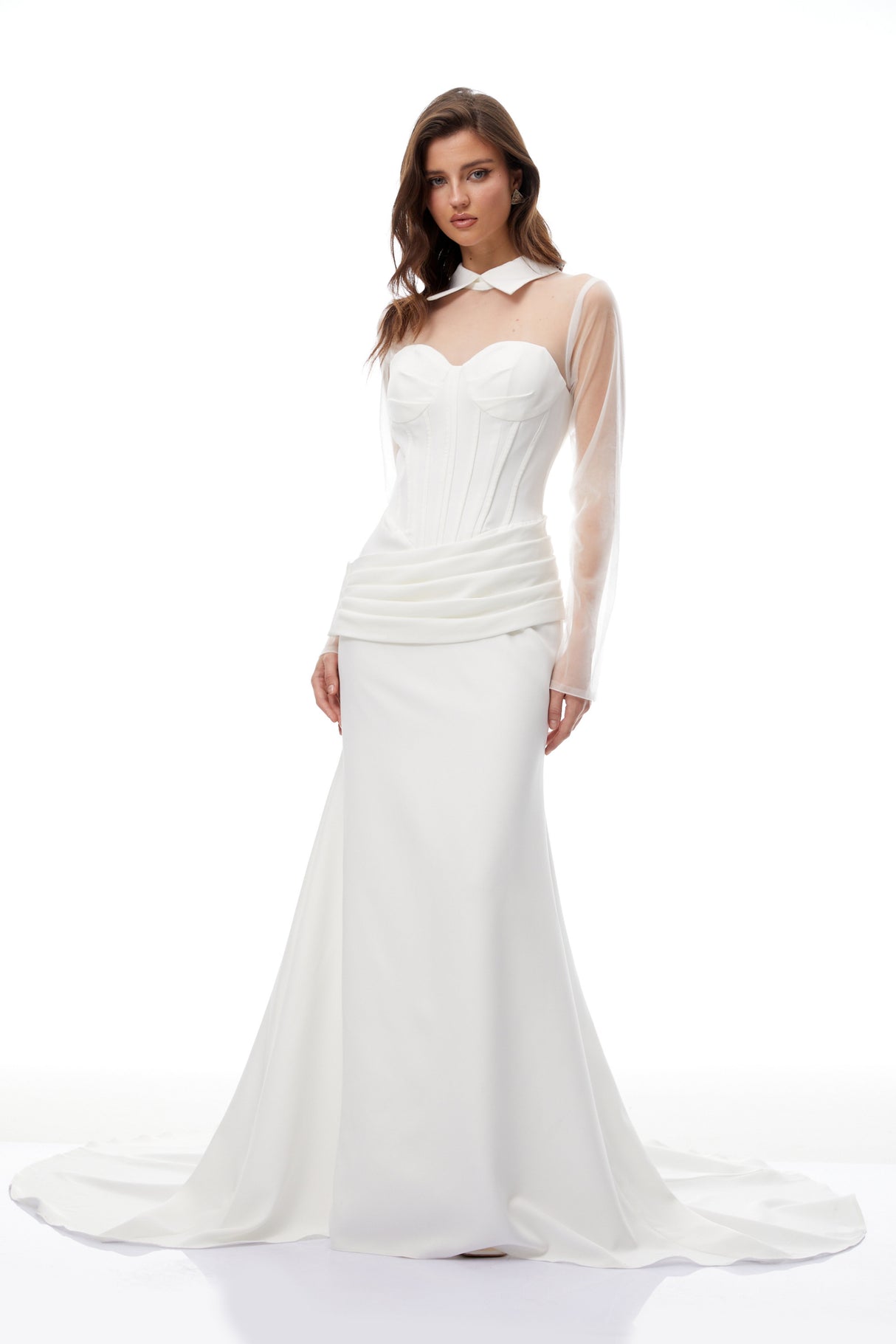 Aurohaya Ivana White Train Design Corset Maxi Dress