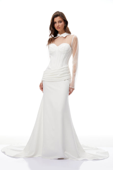 Aurohaya Ivana White Train Design Corset Maxi Dress