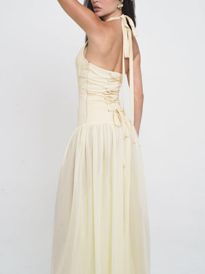 Aurohaya Fashion Halterneck Lace-up Deep V-neck Backless Maxi Dress