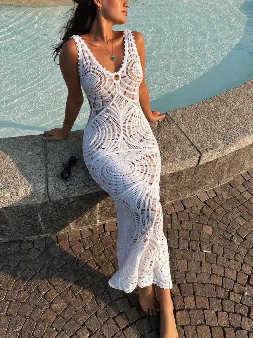Aurohaya Beach Hollow V-neck Slim Sexy Midi Dress
